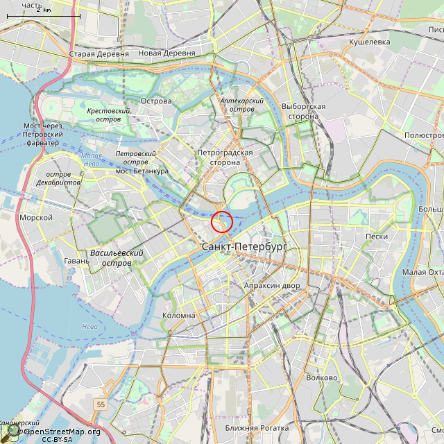 Карта где находится Ростральная колонна (Санкт-Петербург) в мелком масштабе