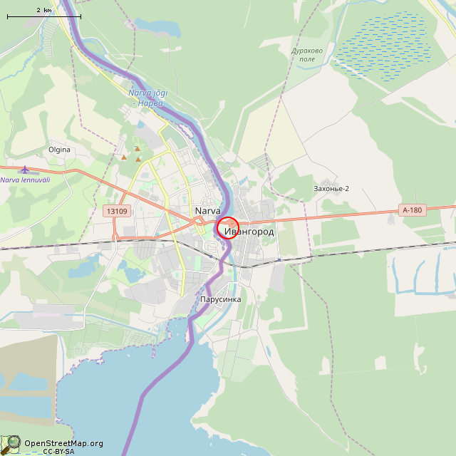 Карта где находится Длинношеяя башня (Ивангород) в мелком масштабе