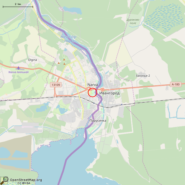 Карта где находится Юго-западная угловая башня (Нарва) в мелком масштабе