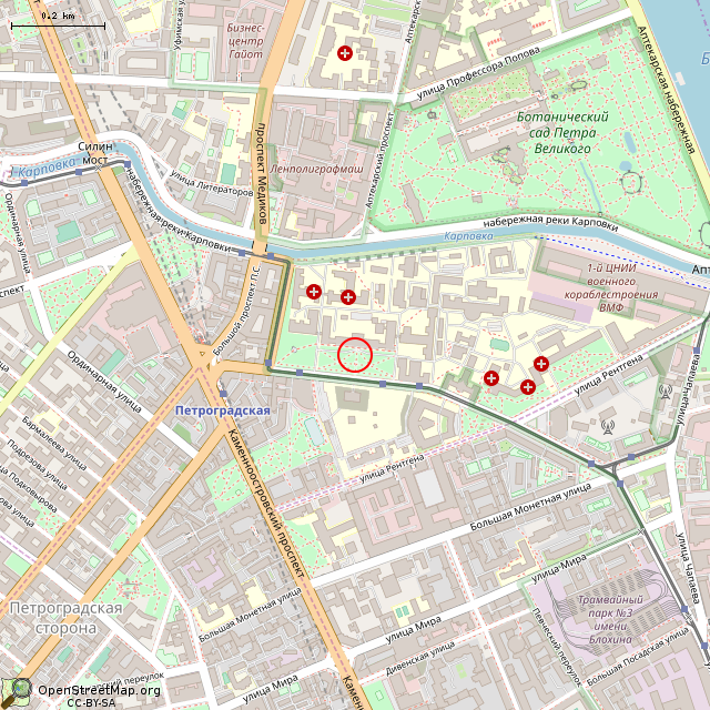 Карта где находится Памятник погибшим студентам и преподавателям Первого мединститута (Санкт-Петербург) в среднем масштабе