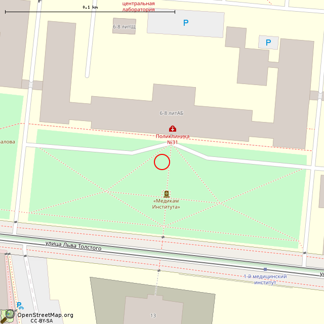 Карта где находится Памятник погибшим студентам и преподавателям Первого мединститута (Санкт-Петербург) в крупном масштабе