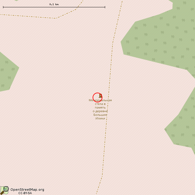Карта где находится Мемориальная стела в память о деревне Большие Илики     | Вторая мировая война, указатель, памятный знак, стела, военный памятник / мемориал в крупном масштабе