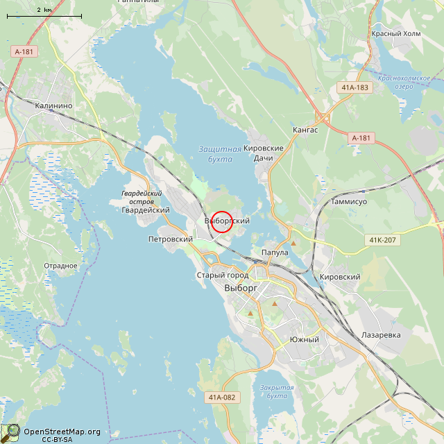 Карта где находится Бывшая школа № 2 (Выборг) в мелком масштабе