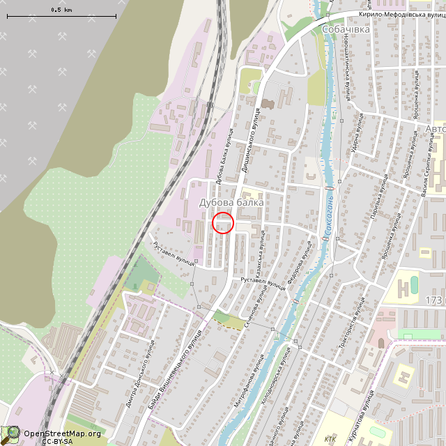 Карта где находится Заброшенное здание (Кривой Рог)      | заброшенный, неиспользуемый объект в среднем масштабе