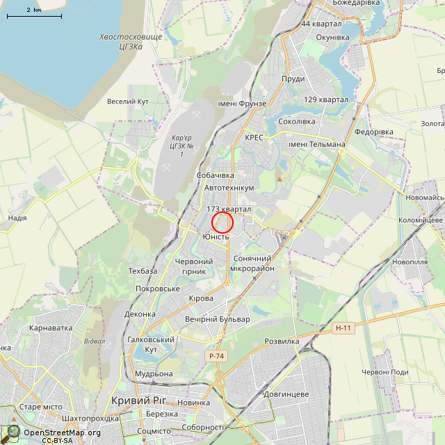 Карта где находится Бывший магазин (Кривой Рог) в мелком масштабе