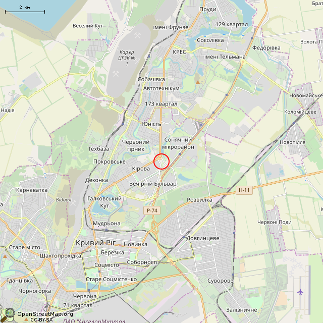 Карта где находится Крест в честь жертв Голодомора и политических репрессий (Кривой Рог) в мелком масштабе