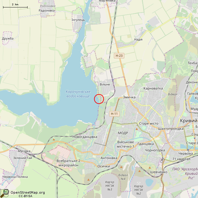 Карта где находится Подземные резервуары для воды (Кривой Рог)      | подземное сооружение, водяной бак/резервуар в мелком масштабе