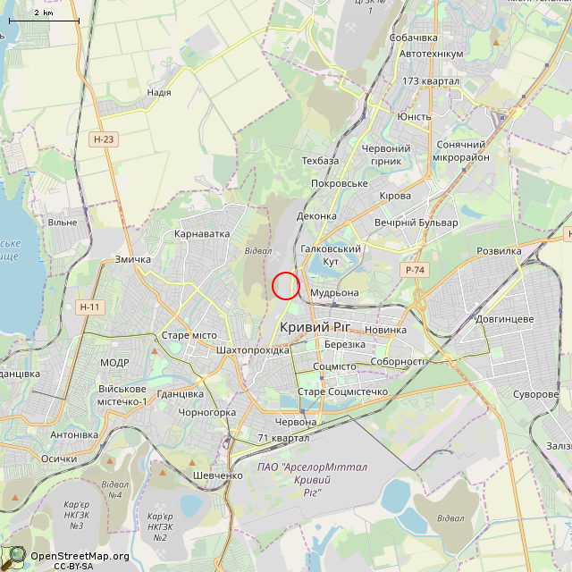 Карта где находится Бывший железнодорожный путепровод (Кривой Рог) в мелком масштабе