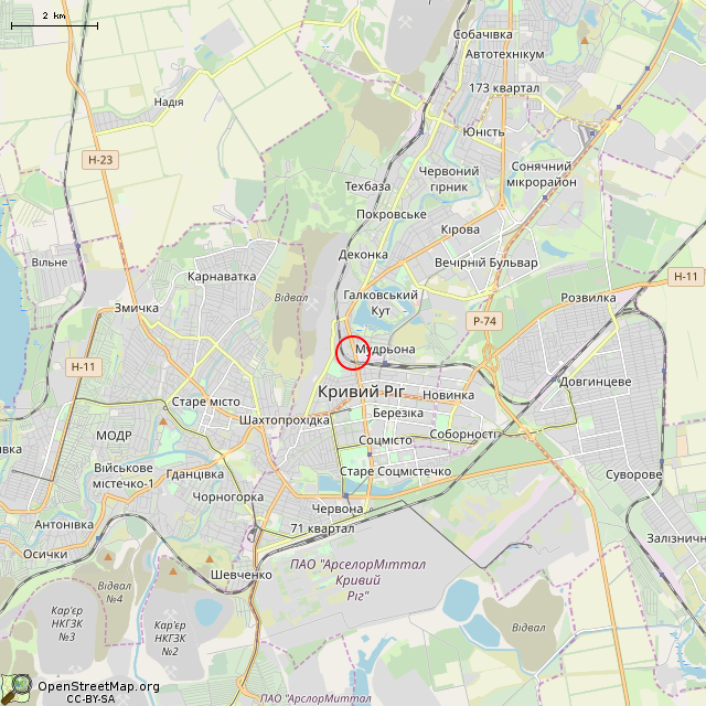 Карта где находится Волгоградская ул., 1 (Кривой Рог)      | заброшенный, неиспользуемый объект в мелком масштабе