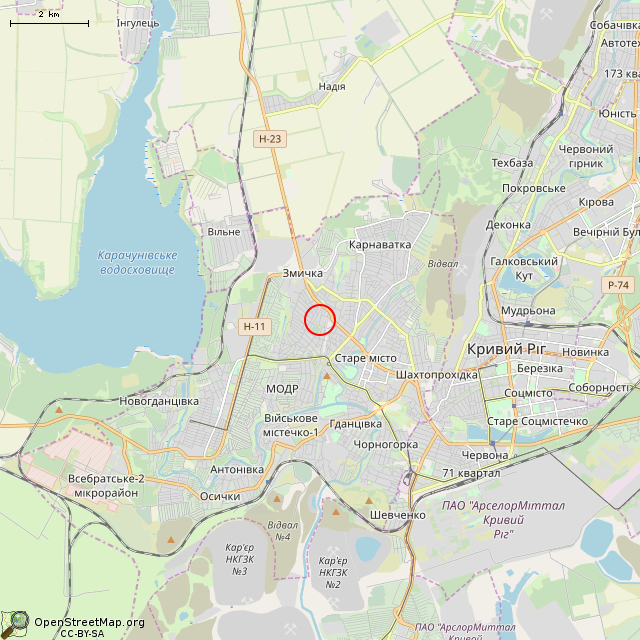 Карта где находится Ворота к домам 11А и 13А (Кривой Рог) в мелком масштабе