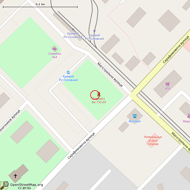 Карта где находится Памятник-паровоз Эм-733-69 (Кривой Рог) в крупном масштабе