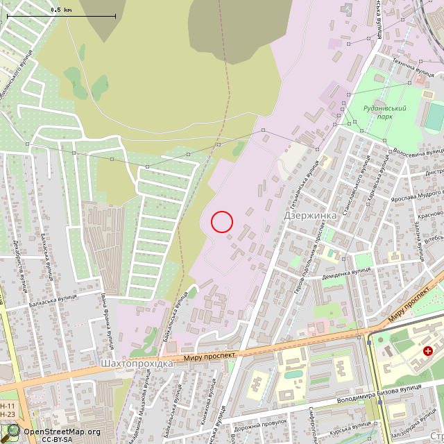 Карта где находится Бывший склад готовой продукции шахты «Победа» (Кривой Рог) в среднем масштабе