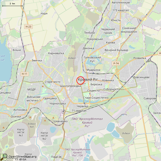 Карта где находится Бывший кинотеатр «Родина» (Кривой Рог) в мелком масштабе