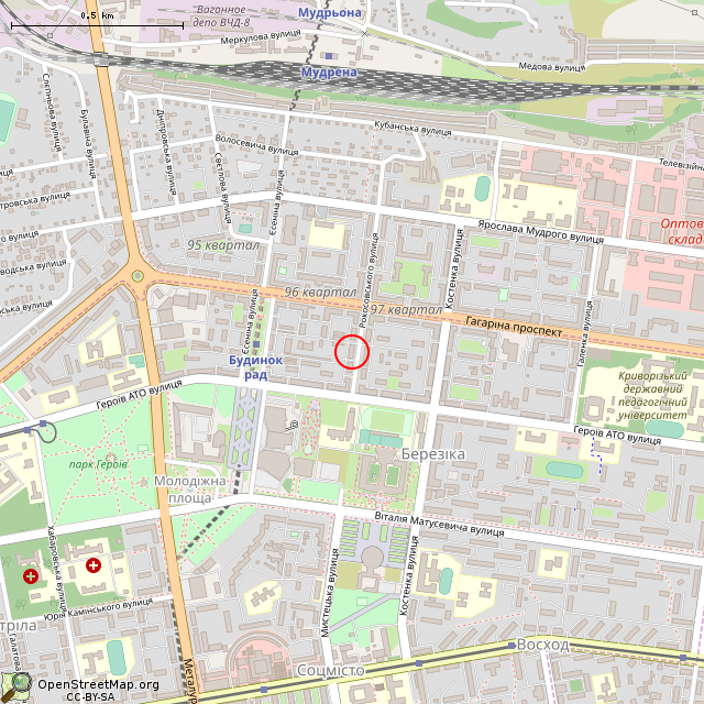 Карта где находится Бывший факультет искусств КПИ (Кривой Рог) в среднем масштабе