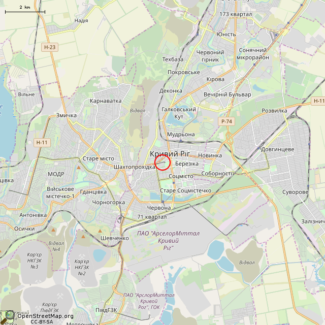 Карта где находится Бывшая сторожка больницы (Кривой Рог) в мелком масштабе