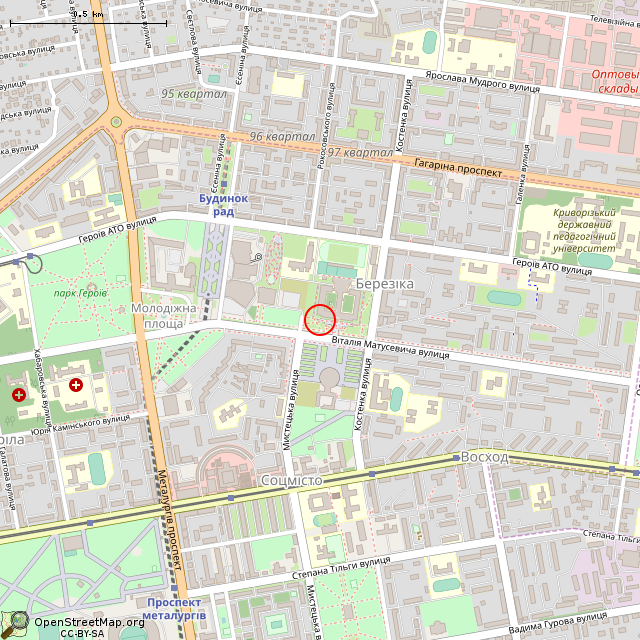 Карта где находится Памятник-бюст Владимиру Фёдоровичу Бызову (Кривой Рог) в среднем масштабе