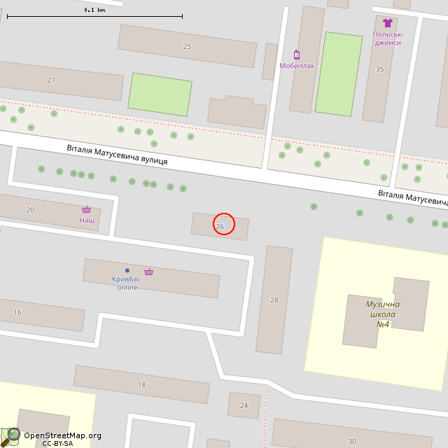 Карта где находится ул. Виталия Матусевича, 26 (Кривой Рог) в крупном масштабе