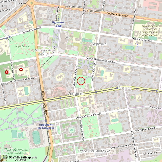Карта где находится Мостик влюблённых (Кривой Рог) в среднем масштабе