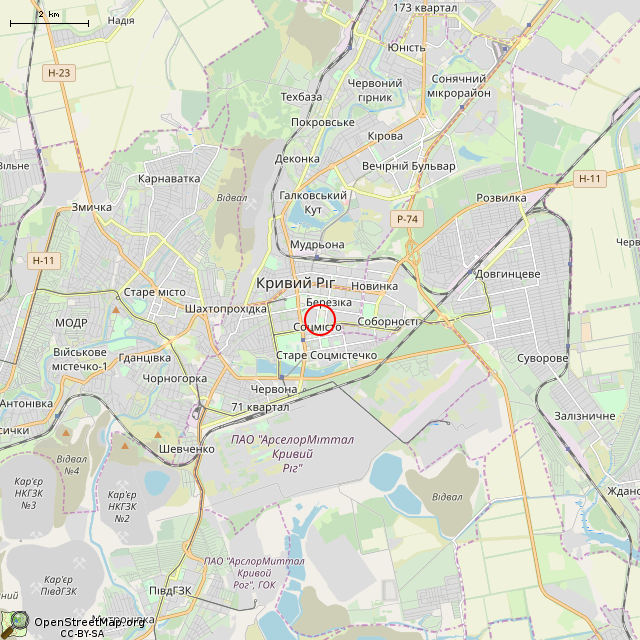 Карта где находится Мостик влюблённых (Кривой Рог) в мелком масштабе