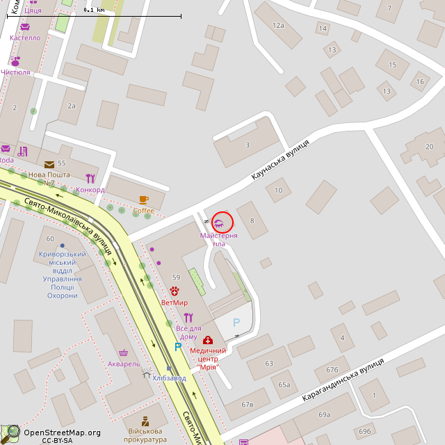 Карта где находится Каунасская ул., 2Б (Кривой Рог) в крупном масштабе