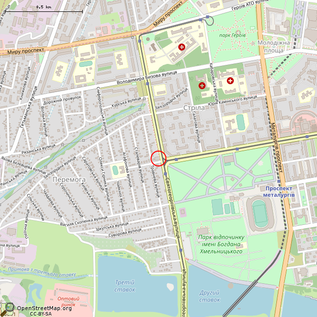 Карта где находится Бывший ресторан «Три товарища» (Кривой Рог) в среднем масштабе