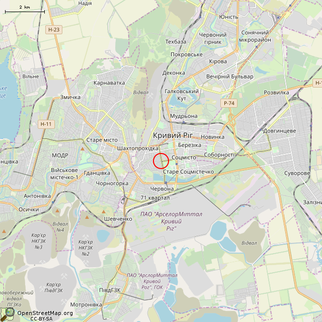 Карта где находится Бывший ресторан «Три товарища» (Кривой Рог) в мелком масштабе