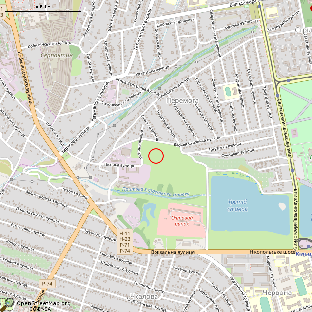 Карта где находится Песочная ул., 3а (Кривой Рог)      | заброшенный, неиспользуемый объект в среднем масштабе