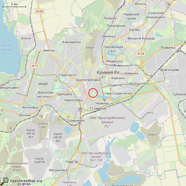 Карта где находится Песочная ул., 3а (Кривой Рог)      | заброшенный, неиспользуемый объект в мелком масштабе