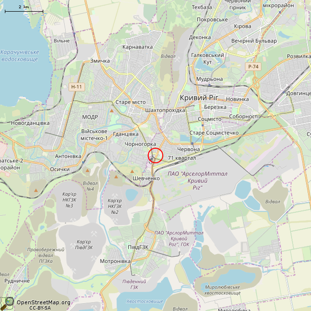 Карта где находится Горный цех № 2 ПАО «Кривбассвзрывпром» (Кривой Рог) в мелком масштабе