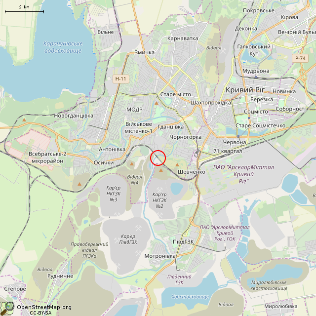 Карта где находится Ингулецкий мост (мост Белелюбского) (Кривой Рог)      | достопримечательность, железнодорожный мост (путепровод) в мелком масштабе