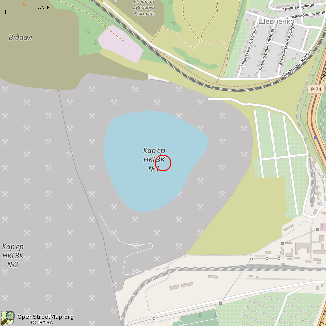 Карта где находится Отработанный железорудный карьер № 1 НКГОКа (Кривой Рог) в среднем масштабе