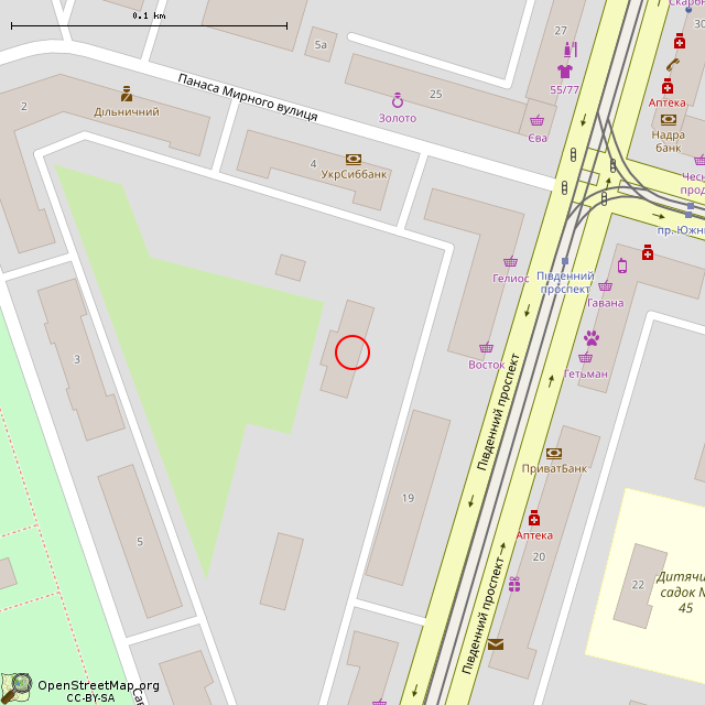 Карта где находится Южный просп., 21 (Кривой Рог)      | заброшенный, неиспользуемый объект в крупном масштабе