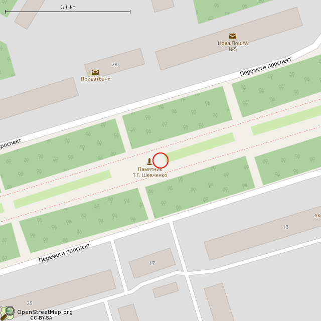 Карта где находится Памятник Т. Г. Шевченко (Кривой Рог)      | статуя, памятник, монумент, строение 2001 года, Тарас Шевченко в крупном масштабе