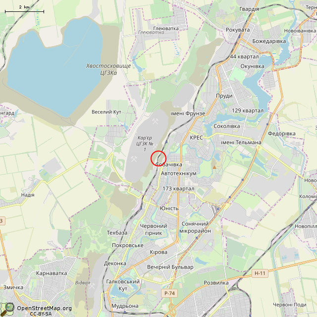 Карта где находится Заброшенная вентиляционная шахта (Кривой Рог) в мелком масштабе