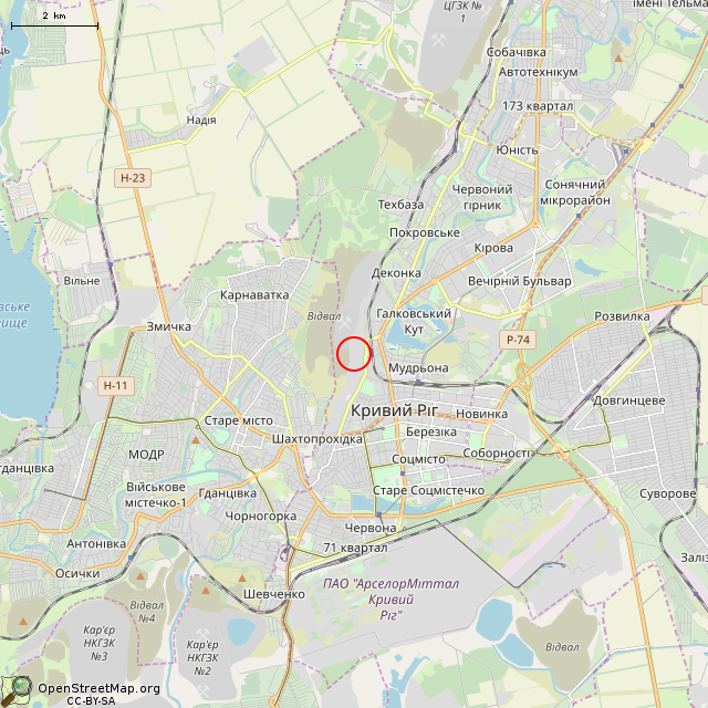 Карта где находится Бывший закрытый склад концентрата шахты «Гигант-Глубокая» (Кривой Рог)      | заброшенный, неиспользуемый объект в мелком масштабе