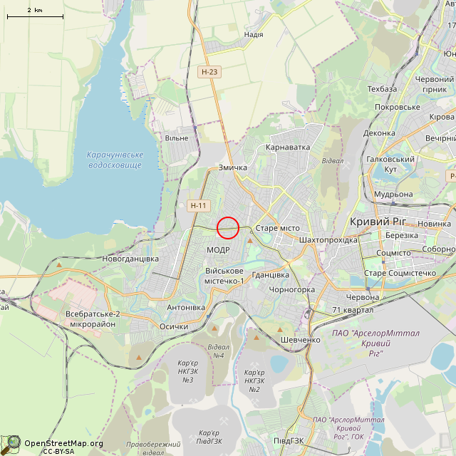 Карта где находится Корпус бывшей фабрика «Индтрикотаж» (Кривой Рог) в мелком масштабе