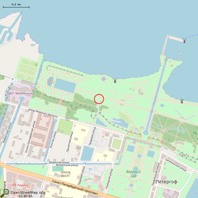 Карта где находится Львиный каскад (Санкт-Петербург)      | вода, фонтан, памятник архитектуры (истории) в среднем масштабе