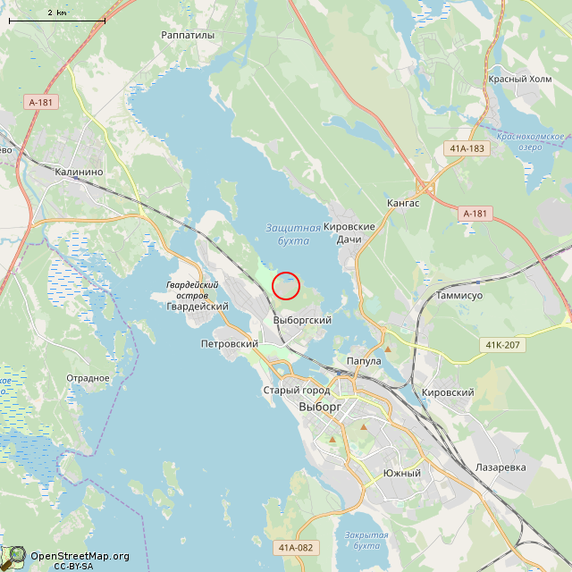 Карта где находится Обелиск братьям Броглио (Выборг) в мелком масштабе