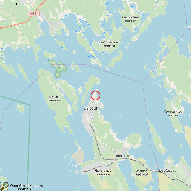 Карта где находится Южная батарея (Высоцк) в мелком масштабе