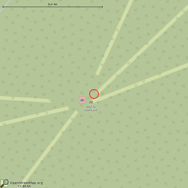 Карта где находится ДОТ № 604 КаУР в крупном масштабе